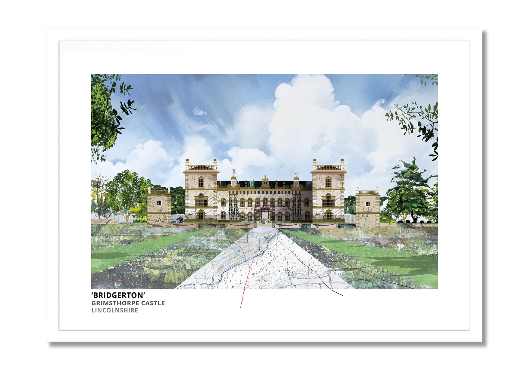 Grimsthorpe Castle art print by Vicki Shortt, the castle near Bourne, Lincolnshire, used as a Bridgerton location, in a white frame