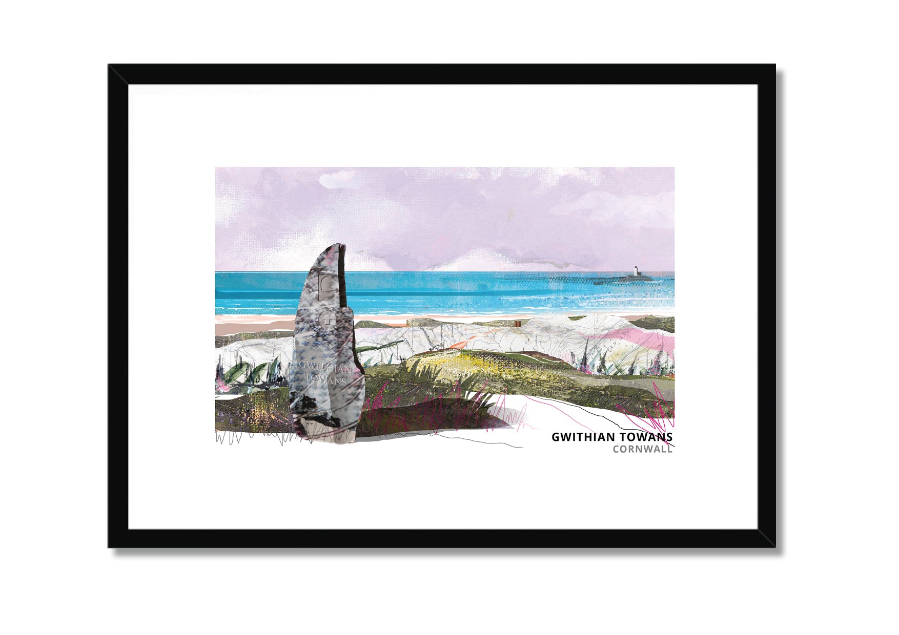 Gwithian Towans art print by Vicki Shortt, the dunes and beach at Gwithian, Cornwall, in a black frame