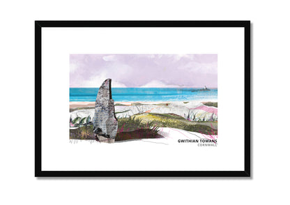 Gwithian Towans art print by Vicki Shortt, the dunes and beach at Gwithian, Cornwall, in a black frame