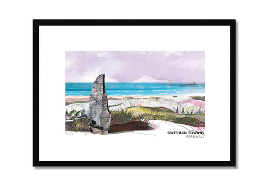 Gwithian Towans art print by Vicki Shortt, the dunes and beach at Gwithian, Cornwall, in a black frame