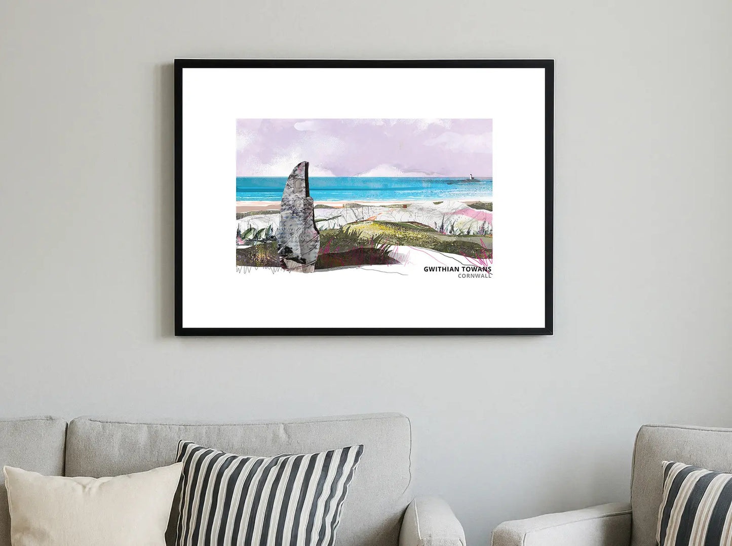 Gwithian Towans art print by Vicki Shortt, the dunes and beach at Gwithian, Cornwall, framed in a room setting