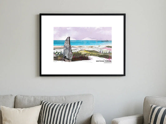 Gwithian Towans art print by Vicki Shortt, the dunes and beach at Gwithian, Cornwall, framed in a room setting