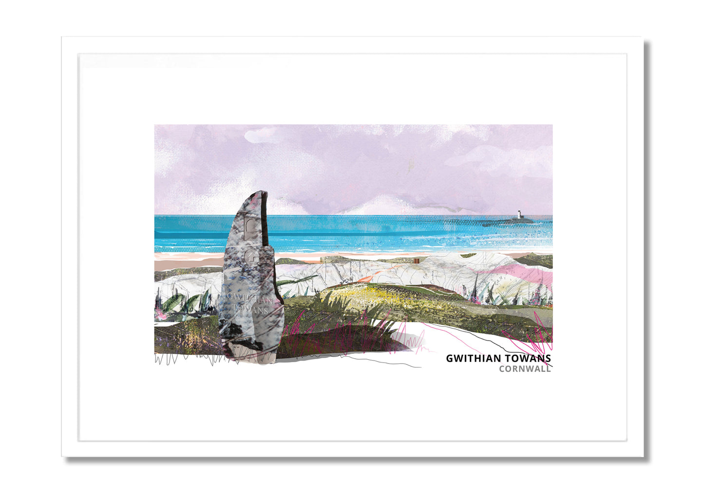Gwithian Towans art print by Vicki Shortt, the dunes and beach at Gwithian, Cornwall, in a white frame