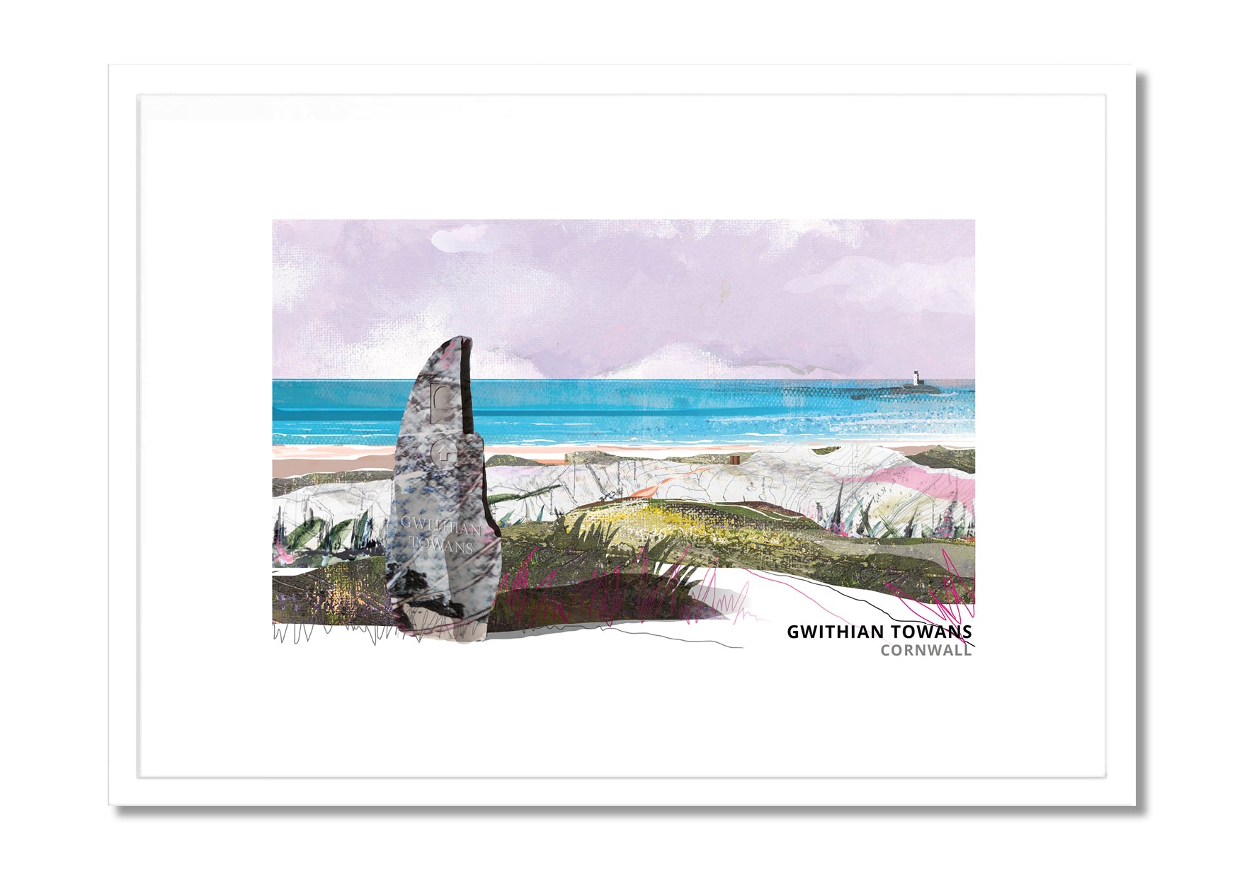 Gwithian Towans art print by Vicki Shortt, the dunes and beach at Gwithian, Cornwall, in a white frame