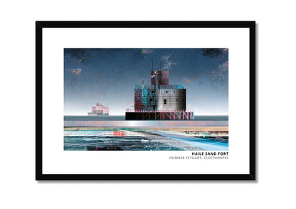 Haile Sand Fort art print by Vicki Shortt, the sea fort standing out in the Humber estuary, in a black frame