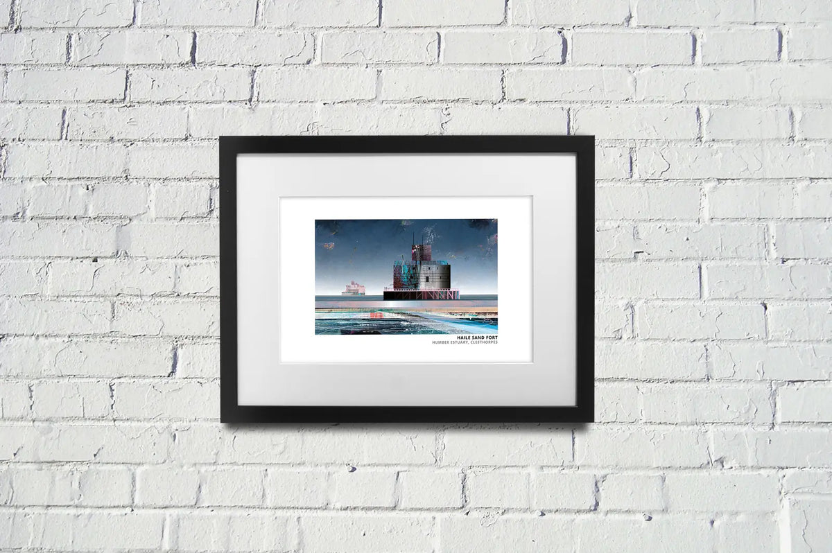 Haile Sand Fort art print by Vicki Shortt, the sea fort standing out in the Humber estuary, framed in a room setting