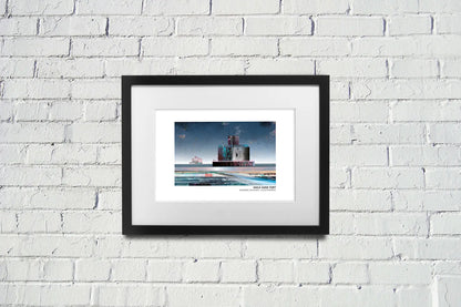 Haile Sand Fort art print by Vicki Shortt, the sea fort standing out in the Humber estuary, framed in a room setting