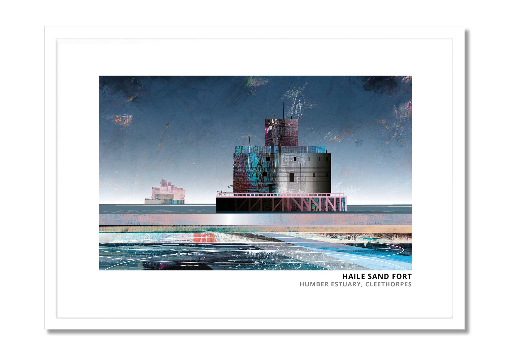Haile Sand Fort art print by Vicki Shortt, the sea fort standing out in the Humber estuary, in a white frame