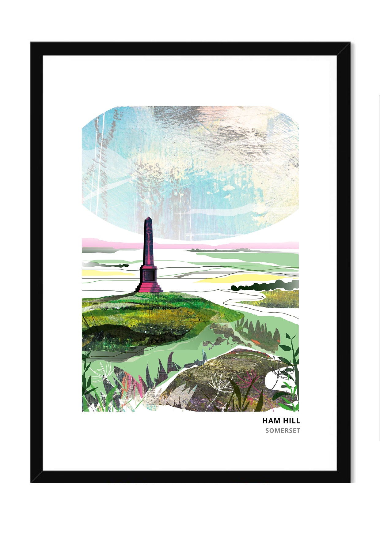 Ham Hill, Yeovil art print by Vicki Shortt, Original design, the hamstone country park and its war memorial, in a black frame