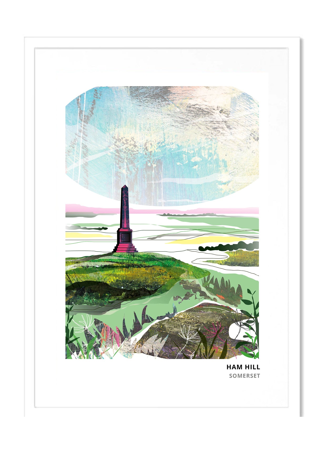 Ham Hill, Yeovil art print by Vicki Shortt, Original design, the hamstone country park and its war memorial, in a white frame