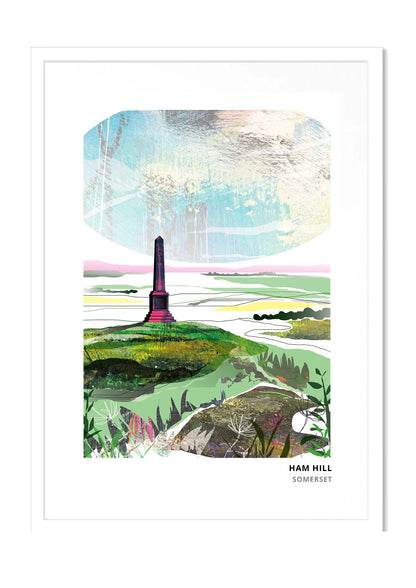 Ham Hill, Yeovil art print by Vicki Shortt, Original design, the hamstone country park and its war memorial, in a white frame