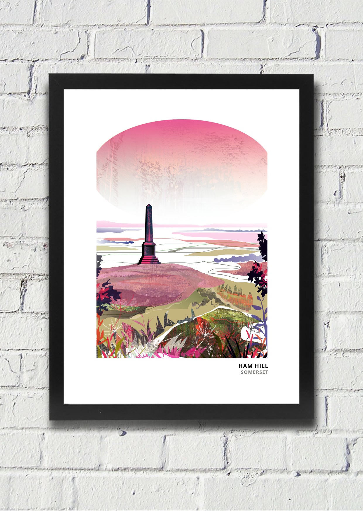 Ham Hill, Yeovil art print by Vicki Shortt, Pink colourway, the hamstone country park and its war memorial, in a black frame