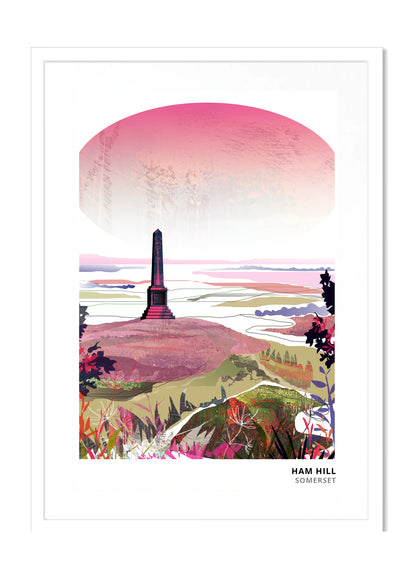 Ham Hill, Yeovil art print by Vicki Shortt, Pink colourway, the hamstone country park and its war memorial, in a white frame