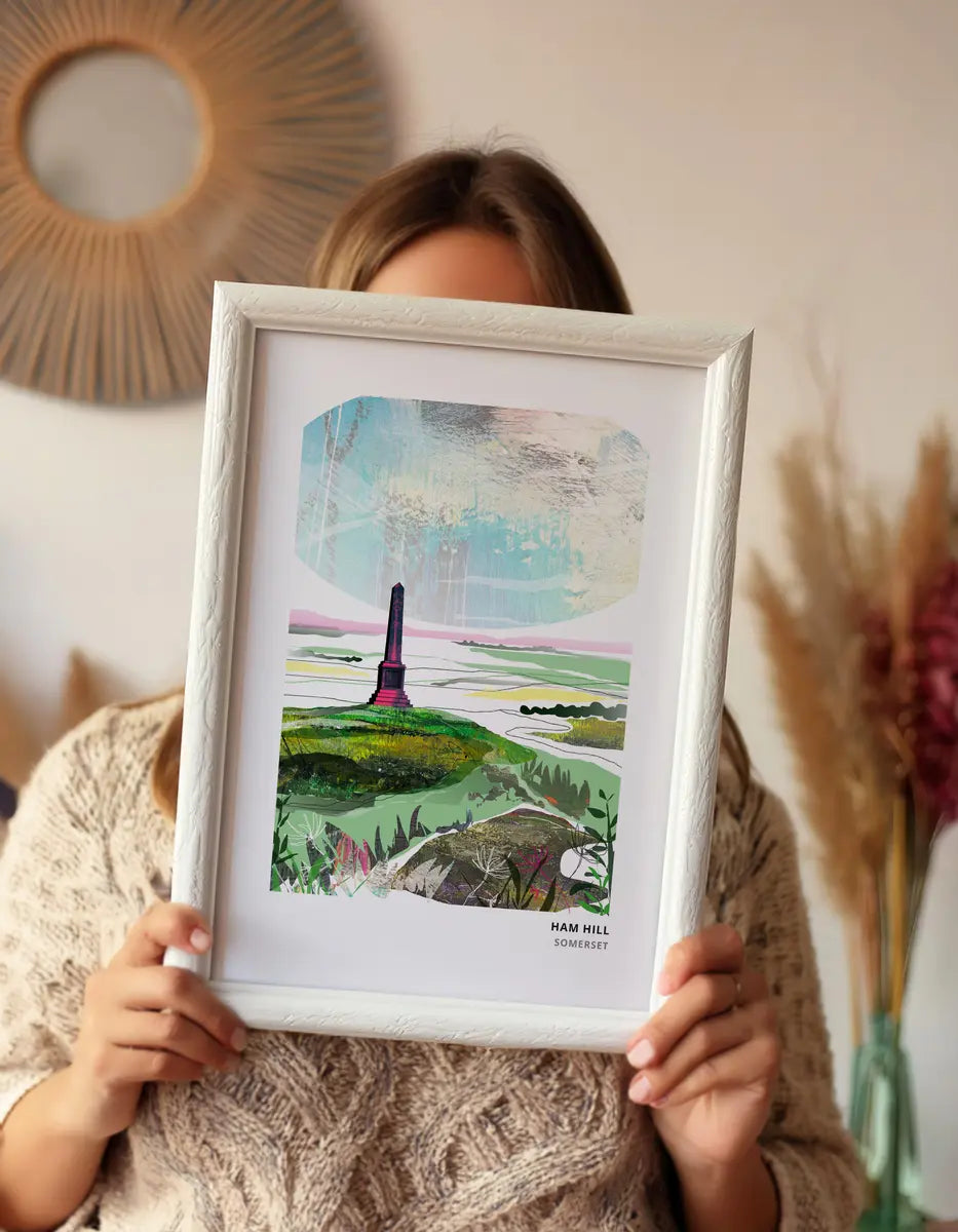 Ham Hill, Yeovil art print by Vicki Shortt, the hamstone country park and its war memorial, framed in a room setting