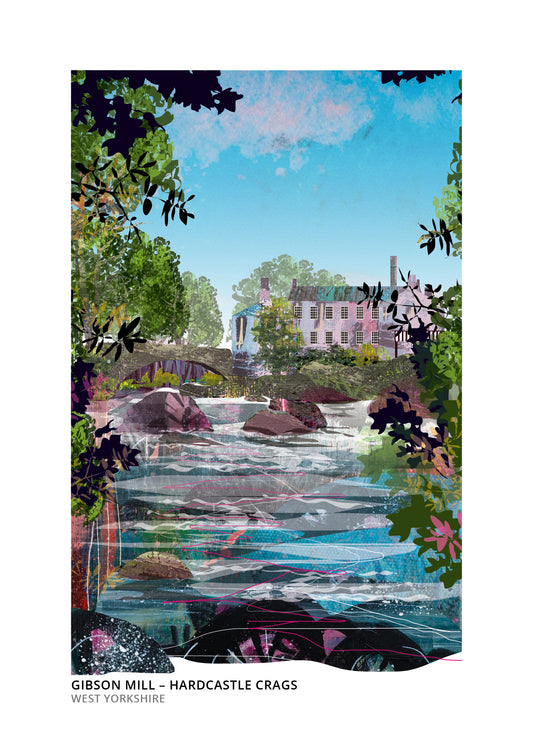 Hardcastle Crags – Gibson Mill art print by Vicki Shortt, the nineteenth-century mill in the wooded valley of Hardcastle Crags