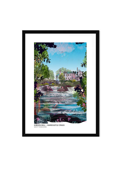 Hardcastle Crags – Gibson Mill art print by Vicki Shortt, the nineteenth-century mill in the wooded valley of Hardcastle Crags, in a black frame