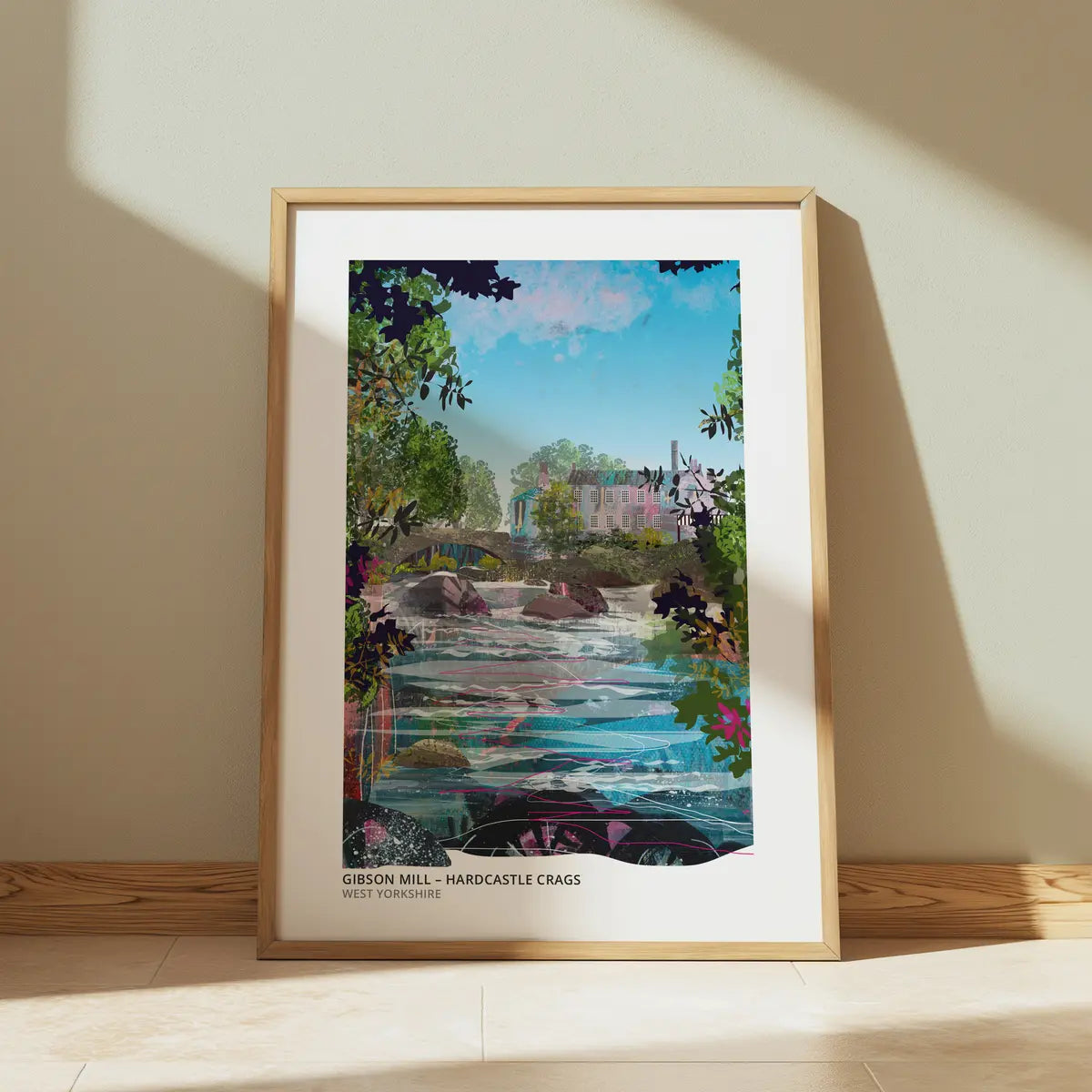 Hardcastle Crags - Gibson Mill art print by Vicki Shortt, the nineteenth-century mill in the wooded valley of Hardcastle Crags, framed in a room setting