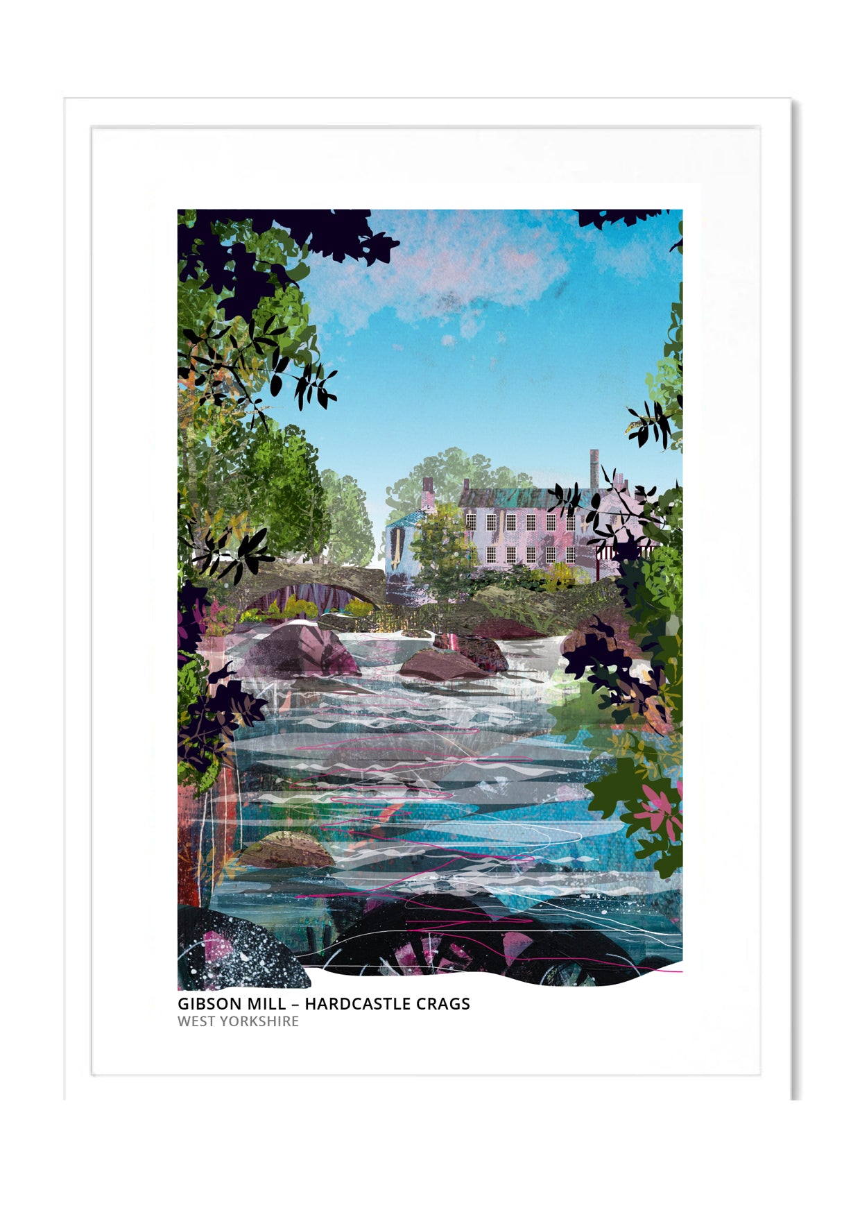 Hardcastle Crags – Gibson Mill art print by Vicki Shortt, the nineteenth-century mill in the wooded valley of Hardcastle Crags, in a white frame