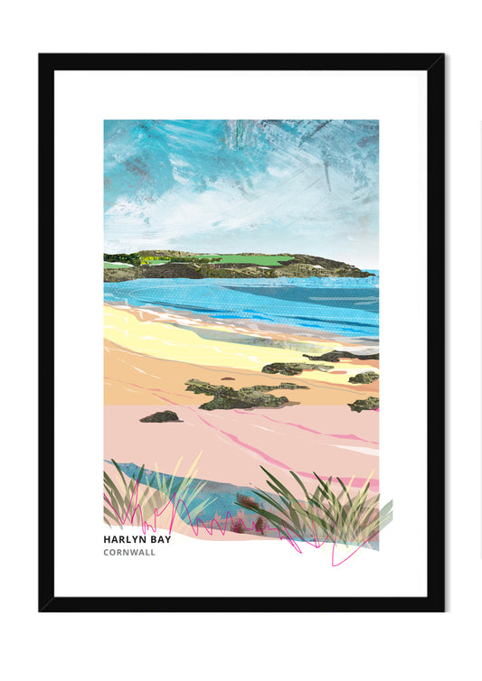 Harlyn art print by Vicki Shortt, the sweep of Harlyn Bay on the north Cornish coast, in a black frame