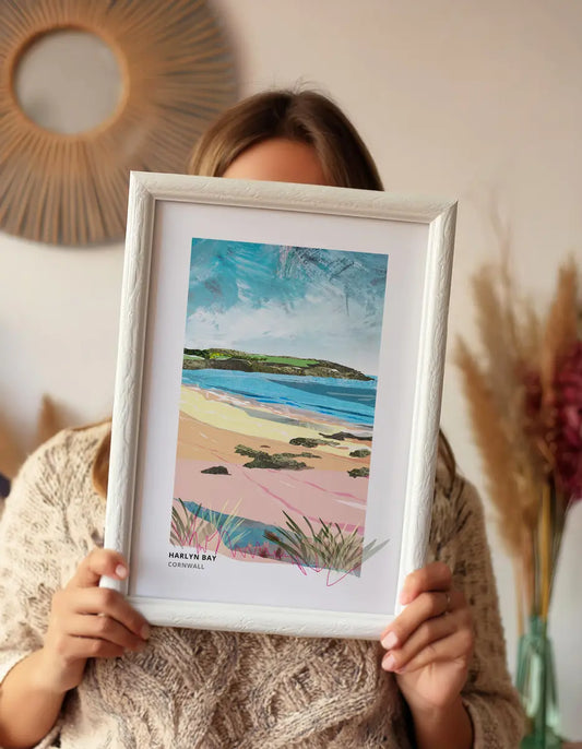 Harlyn art print by Vicki Shortt, the sweep of Harlyn Bay on the north Cornish coast, framed in a room setting