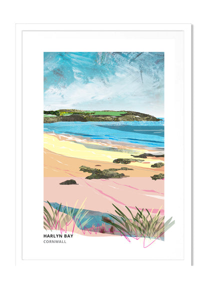 Harlyn art print by Vicki Shortt, the sweep of Harlyn Bay on the north Cornish coast, in a white frame