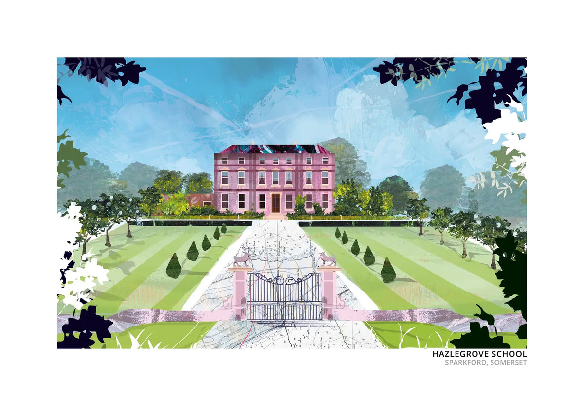 Hazlegrove School art print by Vicki Shortt, Hazlegrove House at the end of its gated drive near Sparkford, Somerset