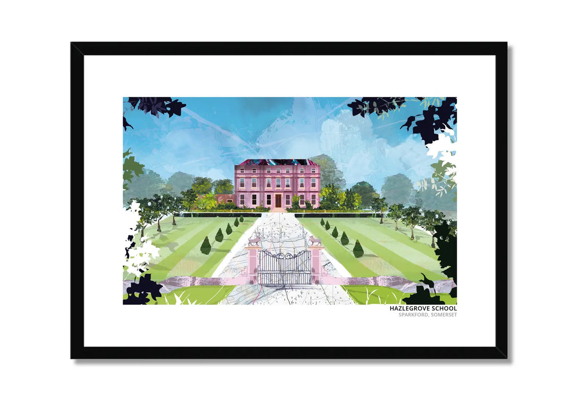 Hazlegrove School art print by Vicki Shortt, Hazlegrove House at the end of its gated drive near Sparkford, Somerset, in a black frame