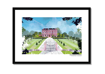 Hazlegrove School art print by Vicki Shortt, Hazlegrove House at the end of its gated drive near Sparkford, Somerset, in a black frame