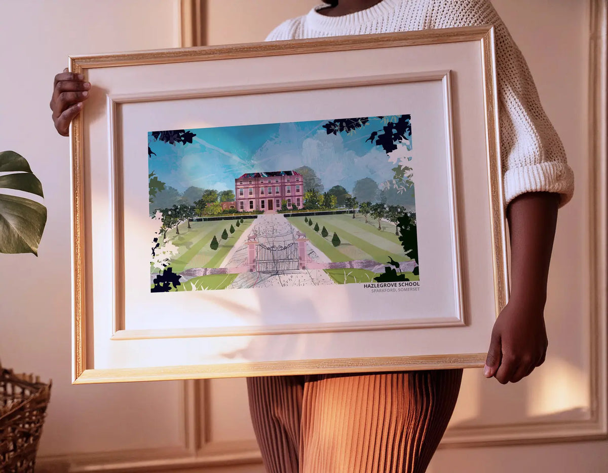 Hazlegrove School art print by Vicki Shortt, Hazlegrove House at the end of its gated drive near Sparkford, Somerset, framed and held up in a room setting