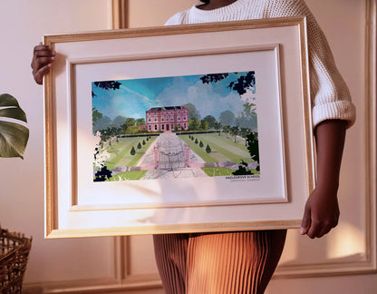 Hazlegrove School art print by Vicki Shortt, Hazlegrove House at the end of its gated drive near Sparkford, Somerset, framed and held up in a room setting