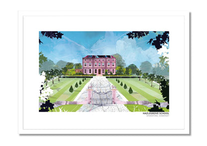 Hazlegrove School art print by Vicki Shortt, Hazlegrove House at the end of its gated drive near Sparkford, Somerset, in a white frame