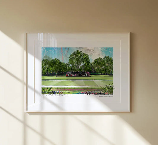 Heathcoat Cricket Club art print by Vicki Shortt, the cricket ground at Knightshayes, Devon, framed in a room setting