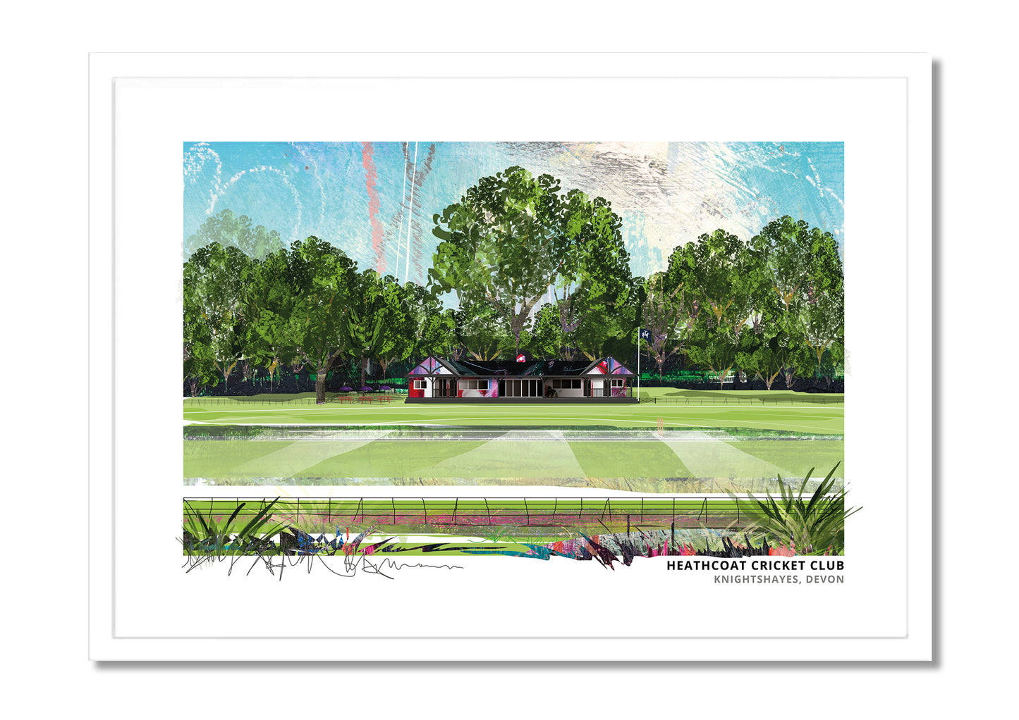 Heathcoat Cricket Club art print by Vicki Shortt, the cricket ground at Knightshayes, Devon, in a white frame