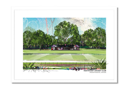 Heathcoat Cricket Club art print by Vicki Shortt, the cricket ground at Knightshayes, Devon, in a white frame