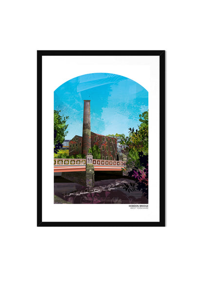 Hebden Bridge art print by Vicki Shortt, the terraced hillside town in the Calder Valley, West Yorkshire, in a black frame