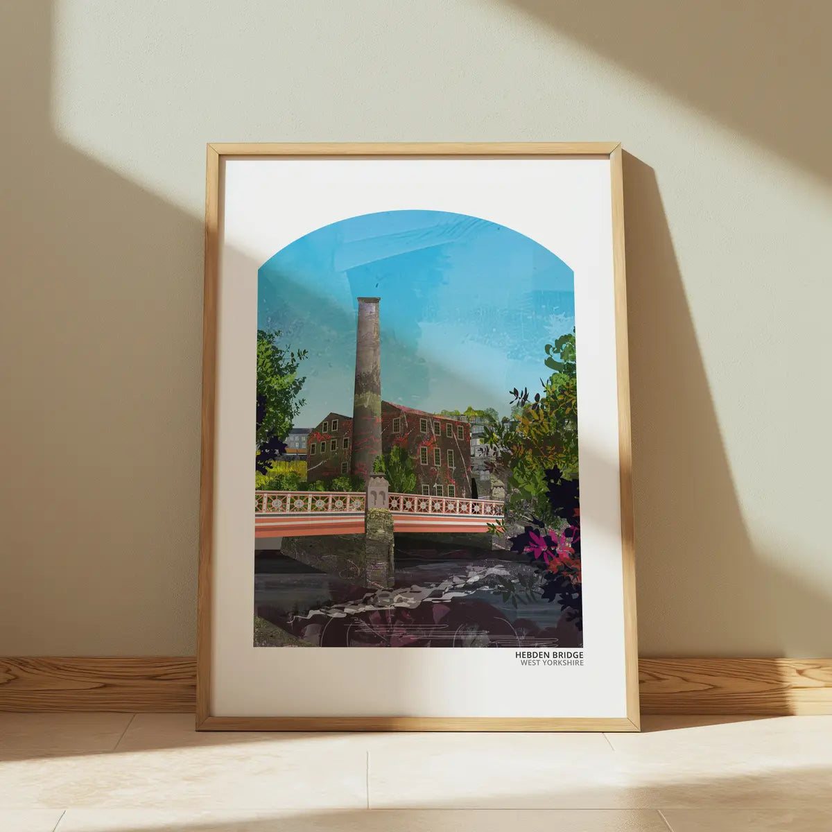 Hebden Bridge art print by Vicki Shortt, the terraced hillside town in the Calder Valley, West Yorkshire, framed in a room setting