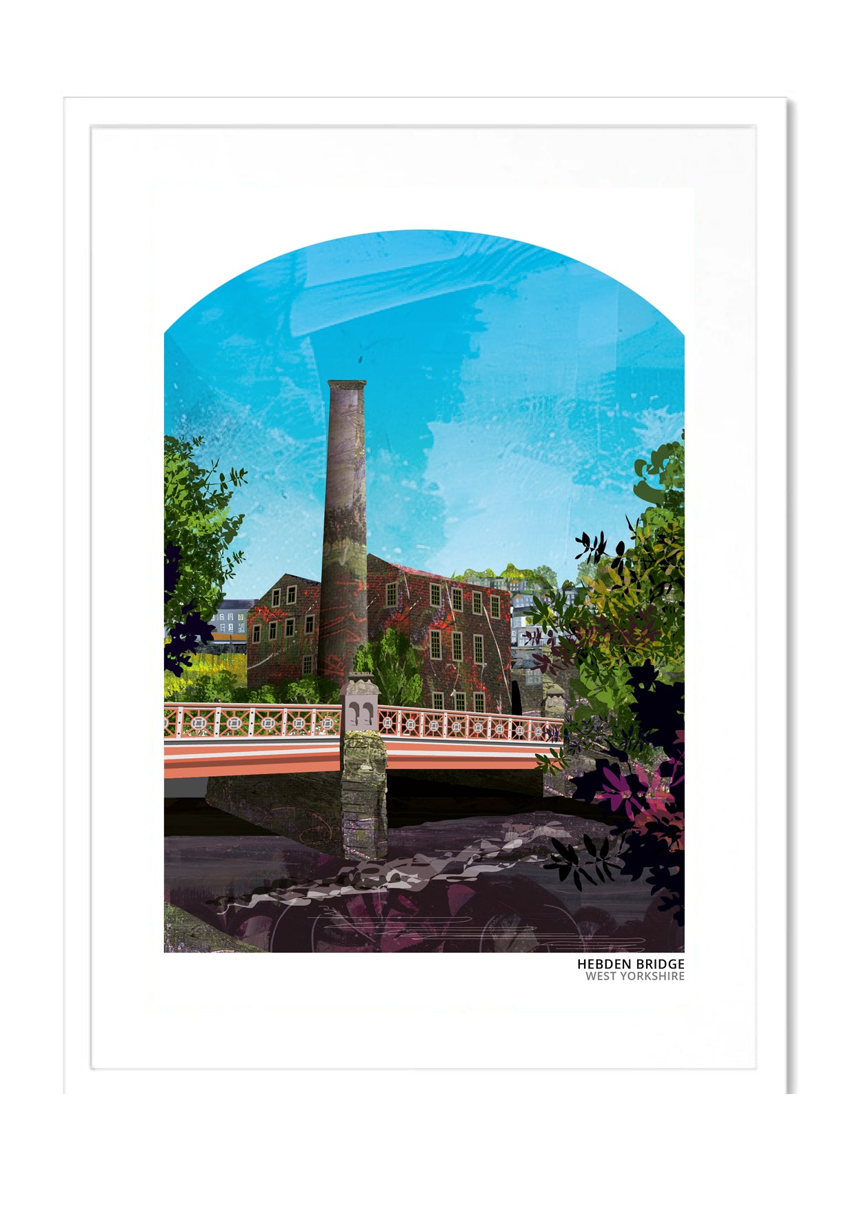 Hebden Bridge art print by Vicki Shortt, the terraced hillside town in the Calder Valley, West Yorkshire, in a white frame