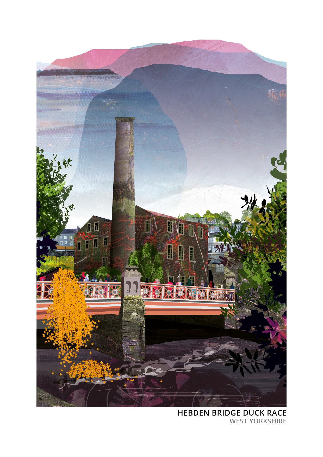 Hebden Bridge Duck Race art print by Vicki Shortt, the annual duck race through Hebden Bridge, West Yorkshire