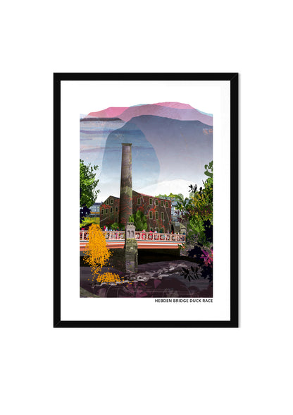 Hebden Bridge Duck Race art print by Vicki Shortt, the annual duck race through Hebden Bridge, West Yorkshire, in a black frame