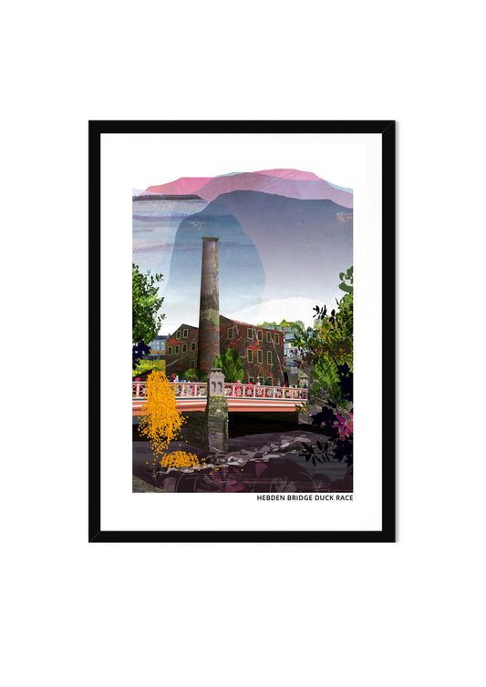 Hebden Bridge Duck Race art print by Vicki Shortt, the annual duck race through Hebden Bridge, West Yorkshire, in a black frame