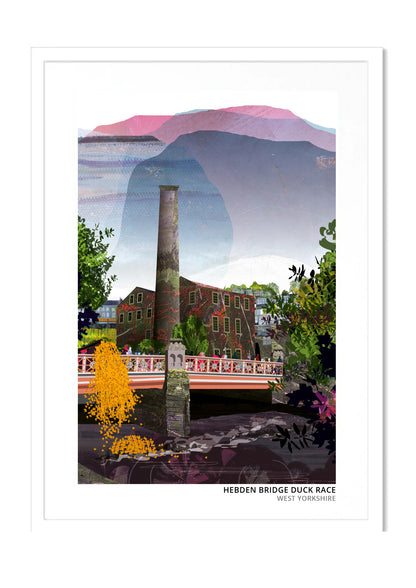 Hebden Bridge Duck Race art print by Vicki Shortt, the annual duck race through Hebden Bridge, West Yorkshire, in a white frame