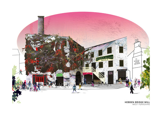 Hebden Bridge Mill art print by Vicki Shortt, the old mill beside the water at Hebden Bridge, West Yorkshire