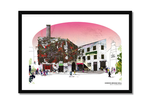 Hebden Bridge Mill art print by Vicki Shortt, the old mill beside the water at Hebden Bridge, West Yorkshire, in a black frame