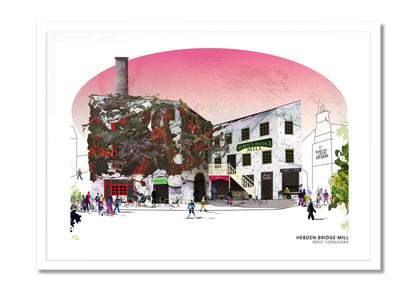 Hebden Bridge Mill art print by Vicki Shortt, the old mill beside the water at Hebden Bridge, West Yorkshire, in a white frame