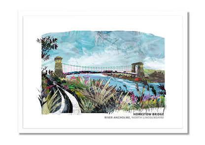 Horkstow Bridge art print by Vicki Shortt, the early suspension bridge over the River Ancholme at Horkstow, in a white frame