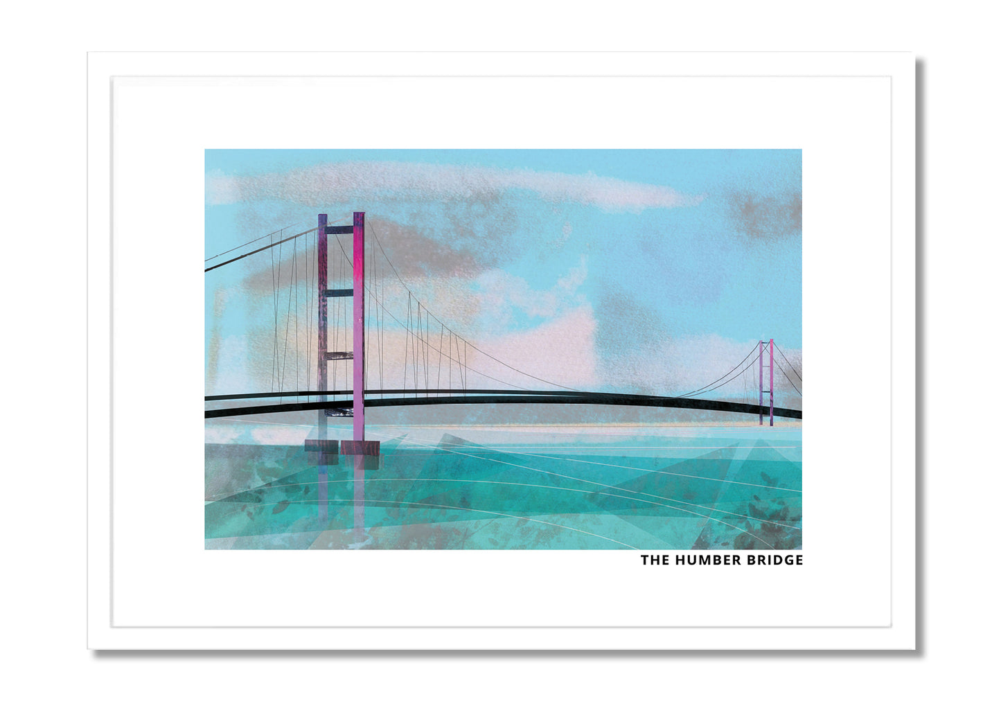 Humber Bridge art print by Vicki Shortt, the suspension bridge spanning the estuary, in a white frame