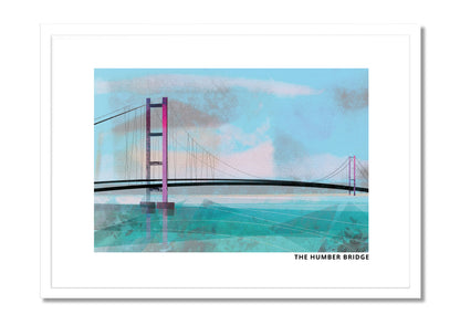 Humber Bridge art print by Vicki Shortt, the suspension bridge spanning the estuary, in a white frame