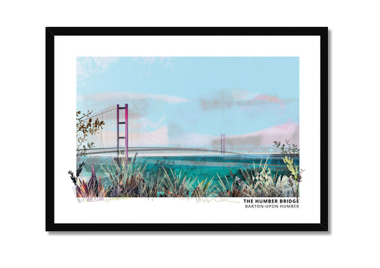 Humber Bridge Barton art print by Vicki Shortt, the suspension bridge seen from the south bank, in a black frame