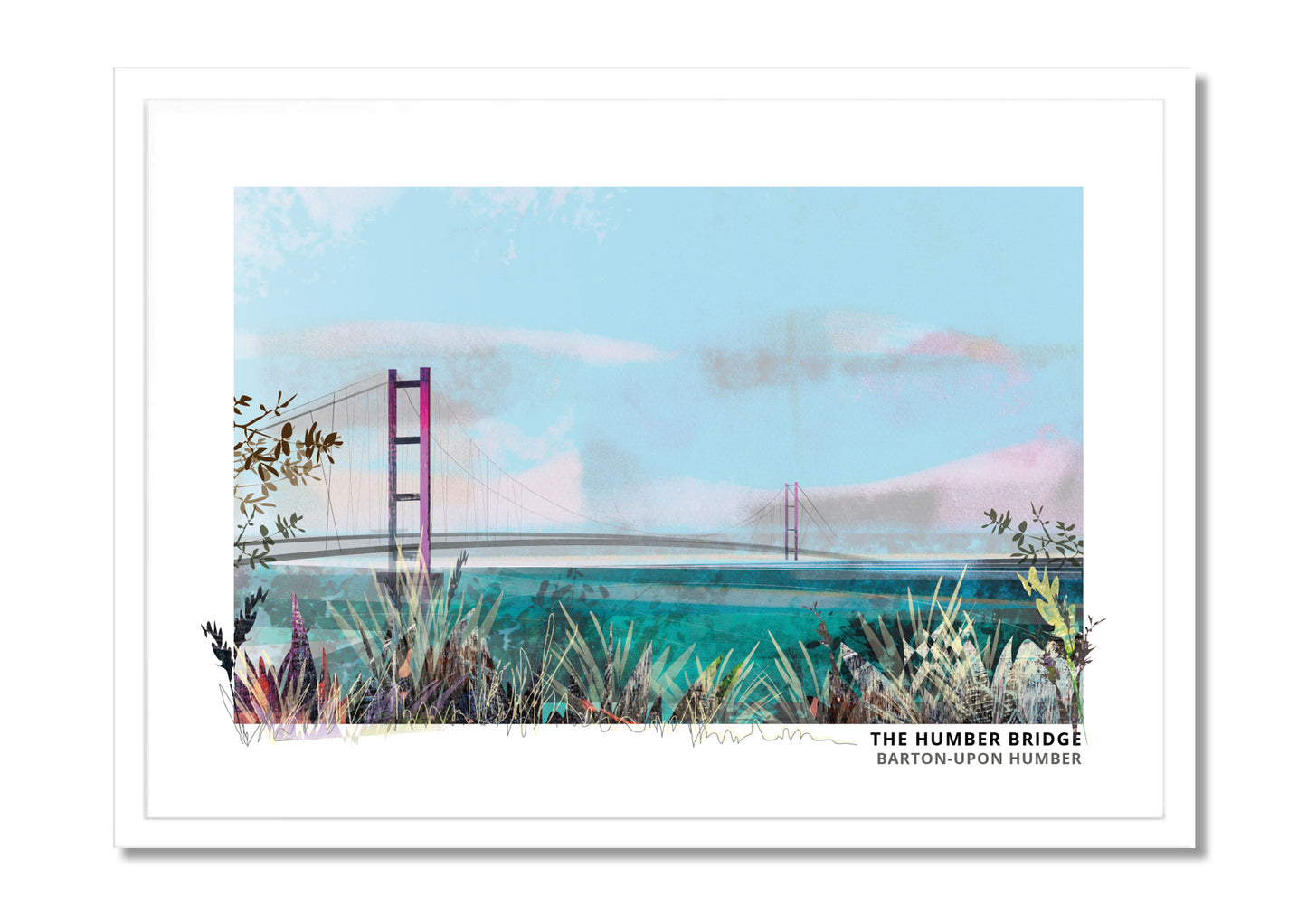 Humber Bridge Barton art print by Vicki Shortt, the suspension bridge seen from the south bank, in a white frame