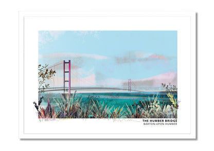 Humber Bridge Barton art print by Vicki Shortt, the suspension bridge seen from the south bank, in a white frame